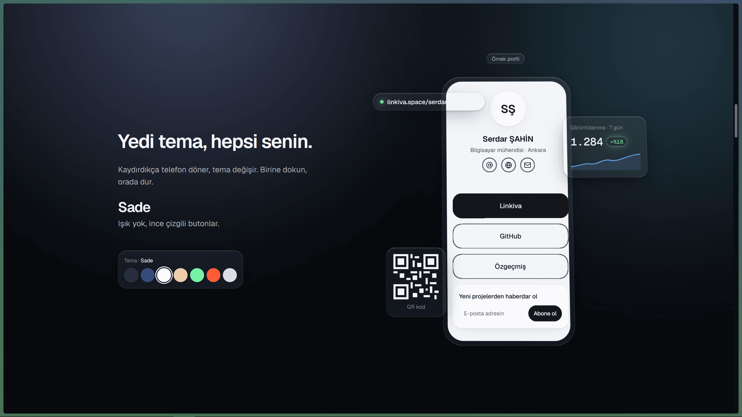Tema bölümü — kaydırdıkça telefon döner, tema değişir